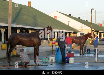 Pferde werden von ihren Bräutigam in der Scheune Bereich gewaschen nach Morgen Training auf Churchill Downs Mai 1, 2018, in Louisville, Ky. Die 144 läuft der Kentucky Derby ist für Samstag, den 5. Mai geplant. Foto von John Sommers II/UPI Stockfoto