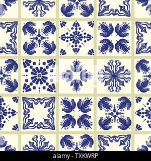 Vektor-Fliesenmuster, Lissabon floralen Mosaik, mediterrane nahtlose Marineblau ornament Stock Vektor