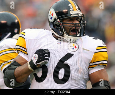 Pittsburgh Steelers zurück Jerome Bettis (36) feiert seinen ersten Touchdown laufen gegen die Cleveland Browns am 24. Dezember 2005 An der Cleveland Browns Stadium in Cleveland. (UPI Foto/Scott R. Galvin) Stockfoto