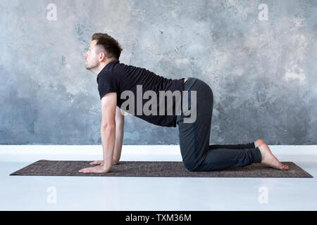 Junge yogi Männer übt Yoga Asana bitilasana oder Katze Kuh darstellen Stockfoto