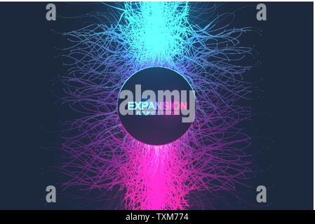 Erweiterung des Lebens. Bunte explosion Hintergrund mit angeschlossenen Leitung und Punkten, Wave fließen. Visualisierung Quantum Technologie. Abstrakte Grafik Stock Vektor