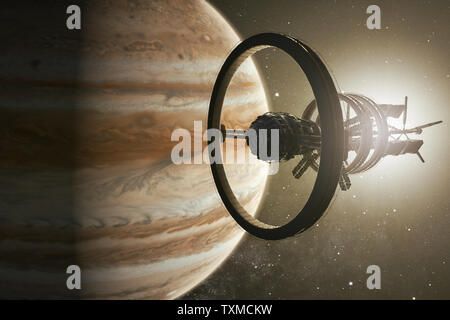 3D-Rendering eines Raumschiffs aproaching Jupiter Stockfoto