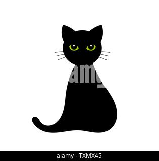 Schwarze Katze mit grünen Augen auf weißem isoliert. Vector Illustration Stock Vektor