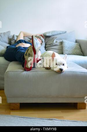 Nach liegende Frau auf Sofa mit weißer Hund Stockfoto
