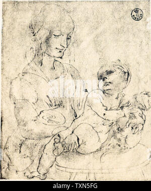 Leonardo Da Vinci, Madonna mit dem Kind, die liebkost ein Kätzchen, Zeichnung, ca. 1480 Stockfoto