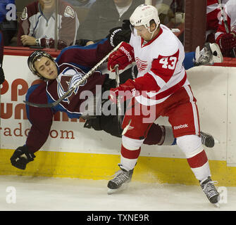 Detroit Red Wings center Darren Helm (43) slams Colorado Avalanche Verteidiger Kevin Shattenkirk in die Bretter in der ersten Periode bei der Pepsi Center in Denver am 27. Dezember 2010. UPI/Gary C. Caskey Stockfoto
