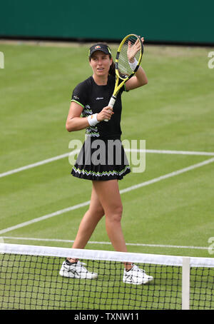 Eastbourne, Großbritannien. 25. Juni 2019 in Großbritannien Johanna Konta feiert schlagen Maria Sakkari Griechenlands an Tag vier der Natur Tal Internationalen an der Devonshire Park. Credit: James Boardman/TPI/Alamy leben Nachrichten Stockfoto