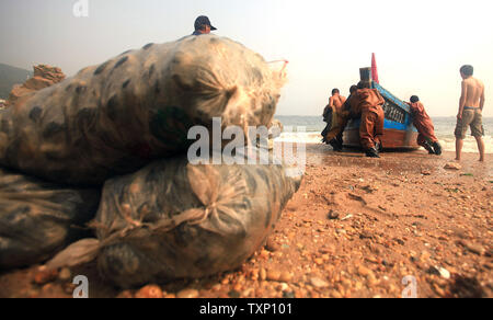 Chinesische Taucher zurück an die Küste nach dem Tauchen 60 Fuß zu Ernte großer Bauernhof - gewachsene Muscheln in der Nähe von Nordosten Hafen des Landes Stadt Dalian am 31. August 2011. Jeder Taucher, der hausgemachte Tauchanzüge und Atmen durch ein kleines Röhrchen mit einem Kompressor auf einem Boot oben schwimmenden angeschlossen sind, kann die Ernte fast 750 Muscheln am Tag. Der Preis ist um 60 Cent eine Muschel. UPI/Stephen Rasierer Stockfoto