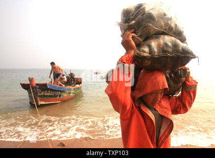 Chinesische Taucher zurück an die Küste nach dem Tauchen 60 Fuß zu Ernte großer Bauernhof - gewachsene Muscheln in der Nähe von Nordosten Hafen des Landes Stadt Dalian am 31. August 2011. Jeder Taucher, der hausgemachte Tauchanzüge und Atmen durch ein kleines Röhrchen mit einem Kompressor auf einem Boot oben schwimmenden angeschlossen sind, kann die Ernte fast 750 Muscheln am Tag. Der Preis ist um 60 Cent eine Muschel. UPI/Stephen Rasierer Stockfoto