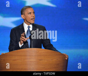 Präsident Barack Obama spricht bei der Democratic National Convention 2012 an der Time Warner Cable Arena in Charlotte, North Carolina am 6. September 2012. UPI/Kevin Dietsch Stockfoto