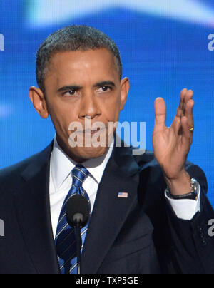 Präsident Barack Obama spricht bei der Democratic National Convention 2012 an der Time Warner Cable Arena in Charlotte, North Carolina am 6. September 2012. UPI/Kevin Dietsch Stockfoto