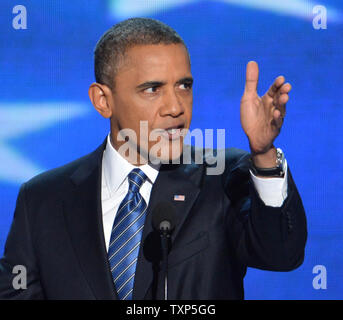 Präsident Barack Obama spricht bei der Democratic National Convention 2012 an der Time Warner Cable Arena in Charlotte, North Carolina am 6. September 2012. UPI/Kevin Dietsch Stockfoto