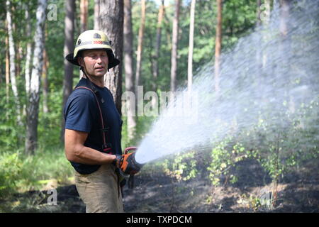 Berlin, Deutschland. 25. Juni 2019. Ein Feuerwehrmann löscht den Brand im Berliner Grunewald. Ein Feuer im Berliner Grunewald in der Nähe der Teufelsberg gebrochen. Credit: Julian 1603/dpa-Zentralbild/dpa/Alamy leben Nachrichten Stockfoto