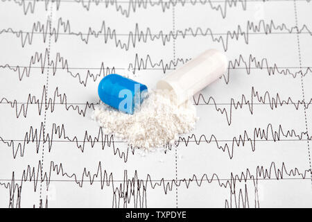 Nahaufnahme der geöffneten Kapsel mit Medizin auf der EKG-Kurve. Stockfoto