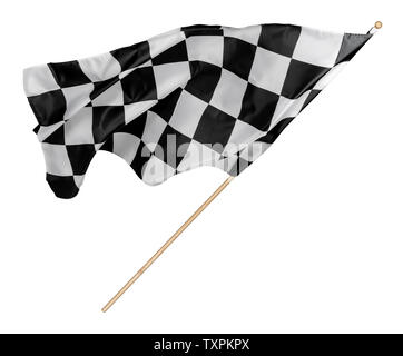 Schwarz weiße Rasse karierten oder karierte Fahne mit Holzstab isoliert Hintergrund. motorsport Autorennen symbol Konzept Stockfoto