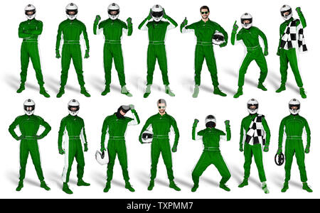 Set Sammlung von Race Driver mit grünen Insgesamt saftey Sturzhelm und karierten Zielflagge auf weißem Hintergrund. motorsport Autorennen Stockfoto
