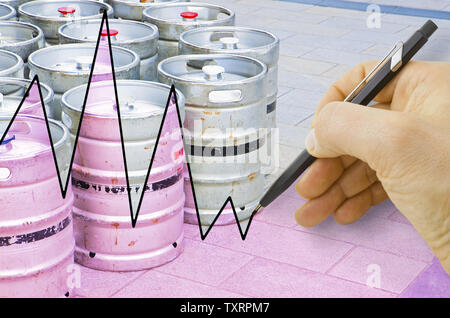 Hand zeichnen ein Diagramm über die Entwicklung der Bierherstellung mit Fässern Bier auf Hintergrund Stockfoto