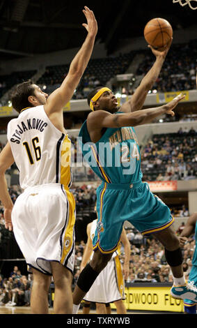 New Orleans/Oklahoma City Hornets vorwärts Desmond Mason (24) an der Indiana Pacers defender Peja Stojakovic (16) in der ersten Hälfte bei Conseco Fieldhouse in Indianapolis, im Februar 21., 2006. (UPI Foto/Markierung Cowan) Stockfoto