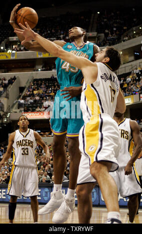 New Orleans/Oklahoma City Hornets vorwärts Rasual Butler (45) ergreift einen Rückstoß über Indiana Pacers Verteidiger Peja Stojakovic (16) und Danny Granger (33) in der ersten Hälfte bei Conseco Fieldhouse in Indianapolis, im Februar 21., 2006. (UPI Foto/Markierung Cowan) Stockfoto