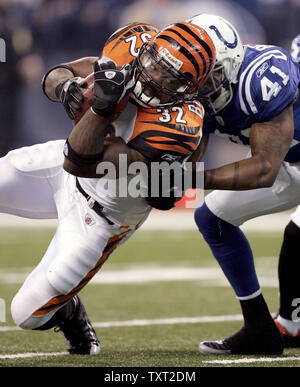 Cincinnati Bengals zurück läuft, Cedric Benson (32) Im 2. Quartal hit wird von Indianapolis Colts Sicherheit Antoine Bethea (41) Lucas Oil Field in Indianapolis am 7. Dezember 2008. (UPI Foto/Markierung Cowan) Stockfoto