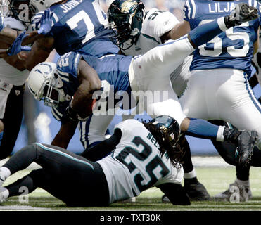 Indianapolis Colts zurück läuft, Joseph Addai (29) ist durch Jacksonville Jaguars safety Reggie Nelson (25) Im zweiten Quartal Lucas Oil Field in Indianapolis ausgelöst am 13. September 2009. UPI/Mark Cowan Stockfoto