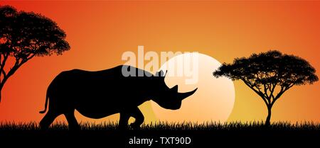 Silhouette eines Afrikanischen Rhino. Rhino auf dem Hintergrund der Sonne und Bäume. Afrikanische wilde Landschaft. Sonnenuntergang. Die Tierwelt Afrikas. Stock Vektor