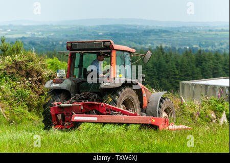 Ballydehob, West Cork, Irland. 25. Juni 2019. Hollum basierte Landwirt Michael Pat Bezirk schneidet Gras für Silage. Die Silage wird Morgen gerettet werden. Irland erwartet ein mini Hitzewelle für den Rest der Woche mit Temperaturen angeblich die hohen 20 °schlagen. Credit: Andy Gibson/Alamy Leben Nachrichten. Stockfoto