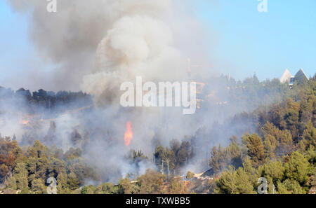 Ein Wald Feuer brennt im Wald unterhalb der Yad Vashem Holocaust Museum in Jerusalem am Sonntag, 17. Juli 2011. Ein außer Kontrolle wildfire gezwungen, die Evakuierung der Israelischen Holocaust Museum Yad Vashem. UPI/Debbie Hill Stockfoto