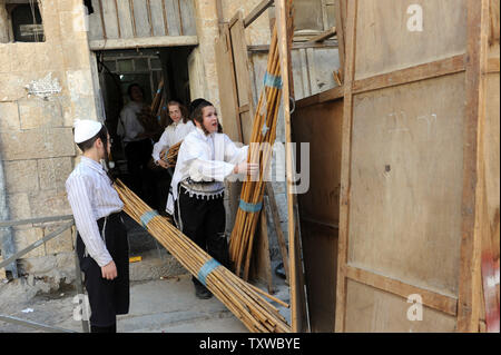 Ultra-orthodoxe jüdische Jungen tragen Bambus Stangen während der Feier von Sukkot, das Laubhüttenfest, in Mea Shearim in Jerusalem, 10. Oktober 2011 verwendet werden. Die Sukkot Fest beginnt am 13. Oktober und erinnert an den Auszug der Juden aus Ägypten. UPI/Debbie Hill Stockfoto