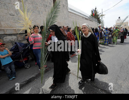 Katholische Nonnen tragen Palmen vor der jährlichen Palmsonntag Prozession auf dem Ölberg in Jerusalem, Israel, 13. April 2014. Lokale und internationale Christen ging den Pfad, wo Jesus Christus ein Esel in Jerusalem vor mehr als 2.000 Jahren ritt. Der Palmsonntag ist der Beginn der Heiligen Woche. UPI/Debbie Hill Stockfoto