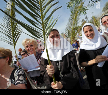 Katholische Nonnen tragen Palmzweige während der jährlichen Palmsonntag Prozession auf dem Ölberg in Jerusalem, Israel, 13. April 2014. Lokale und internationale Christen ging den Pfad, wo Jesus Christus ein Esel in Jerusalem vor mehr als 2.000 Jahren ritt. Der Palmsonntag ist der Beginn der Heiligen Woche. UPI/Debbie Hill Stockfoto
