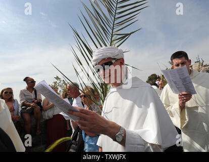 Ein Priester trägt eine Palm Zweig während der jährlichen Palmsonntag Prozession auf dem Ölberg in Jerusalem, Israel, 13. April 2014. Lokale und internationale Christen ging den Pfad, wo Jesus Christus ein Esel in Jerusalem vor mehr als 2.000 Jahren ritt. Der Palmsonntag ist der Beginn der Heiligen Woche. UPI/Debbie Hill Stockfoto