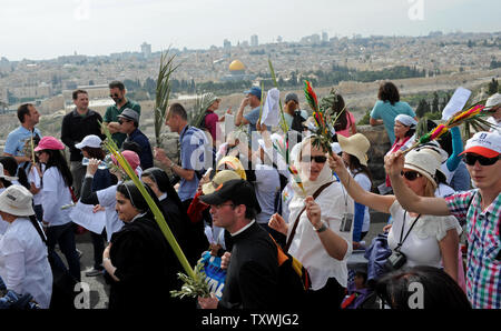 Christliche Pilger tragen Palmen und Olivenbäumen Niederlassungen während der jährlichen Palmsonntag Prozession mit Blick auf die Altstadt von Jerusalem auf dem Ölberg in Jerusalem, Israel, 13. April 2014. Lokale und internationale Christen ging den Pfad, wo Jesus Christus ein Esel in Jerusalem vor mehr als 2.000 Jahren ritt. Der Palmsonntag ist der Beginn der Heiligen Woche. UPI/Debbie Hill Stockfoto