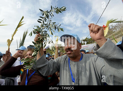Ein Christ aus Ägypten Wellen ein Olivenzweig während der jährlichen Palmsonntag Prozession auf dem Ölberg in Jerusalem, Israel, 13. April 2014. Lokale und internationale Christen ging den Pfad, wo Jesus Christus ein Esel in Jerusalem vor mehr als 2.000 Jahren ritt. Der Palmsonntag ist der Beginn der Heiligen Woche. UPI/Debbie Hill Stockfoto