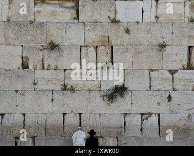 Papst Francis betet an der Klagemauer, der heiligste Ort im Judentum bei seinem Besuch in der Altstadt von Jerusalem Mai 26,2014. Papst Franziskus ist auf einem dreitägigen Besuch im Heiligen Land. UPI/Debbie Hill Stockfoto