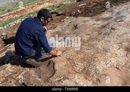 Der israelische Archäologe Amit Shadman reinigt ein Mosaik in einem neu entdeckten 1,5000 Jahr alten byzantinischen Kloster von 500 CE, ausgegraben, die von den israelischen Antiquities Authority in Rosh Ha-Ayin, in der Nähe von Tel Aviv, Israel, 30. Dezember 2015. Das Kloster wurde entdeckt, weil Archäologen müssen alle neuen Baustellen und eine neue Nachbarschaft wird in der Region prüfen. Das Kloster eine Kirche untergebracht, eine Ölpresse, Wohnquartiere für ca. 30 Personen und Stallungen. Es ist eine griechische Inschrift in bunten Mosaiken, die lautet: "Dieser Ort unter Theodosius der Priester gebaut wurde. Der Friede sei mit dir, wenn yo Stockfoto