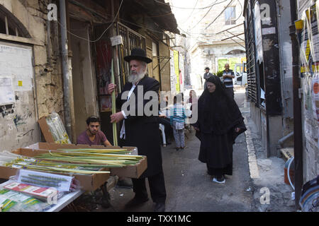 Eine ultra-orthodoxe Juden prüft ein lulav, eine der vier Arten, im Ritual während der bevorstehenden jüdischen Festival Sukkot, das Laubhüttenfest, in der Mea Shearim Neighborhood, in Jerusalem, 21. September 2018. Die einwöchigen Urlaub von Sukkot beginnt bei Sonnenuntergang 23. September, und erinnert an die Juden Auszug aus Ägypten und vierzig Jahre lang in der Wüste umherirren. Foto von Debbie Hill/UPI Stockfoto