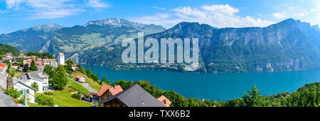 Antenne Aussicht auf Walensee (Walensee), Amden, verläuft durchgehend von Obstalden. Kanton St. Galen, Glarus, Schweiz. Stockfoto