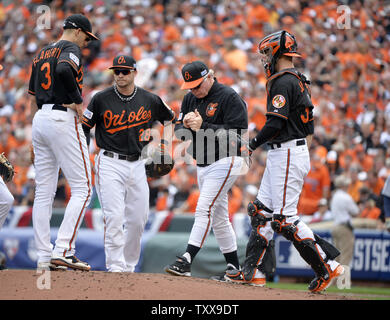 Baltimore Orioles Manager Buck Showalter (C) reibt sich eine Kugel, wie er auf dem Damm steht mit dritten Basisspieler Ryan Flaherty (3), erste Basisspieler Steve Pearce (28) und Catcher Kaleb, Joseph nach der Einnahme des Kruges Wei-Yin Chen aus dem Spiel im vierten Inning von Spiel 2 der American League Division Series gegen die Detroit Tigers auf Orioles Park at Camden Yards, Baltimore, Maryland am 3. Oktober 2014. UPI/Kevin Dietsch Stockfoto