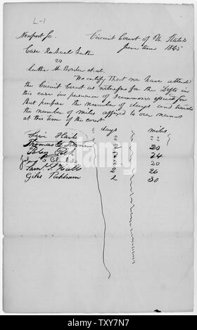 Zertifizierung der Anwesenheit von Zeugen für die straftaeter im Fall von Rachel Luther v. Luther Borden, et al.; Umfang und Inhalt: Dieses Dokument wird von einem Anzug für Übertretung gegen eine Gruppe von Rhode Island State Miliz, die unter Kriegsrecht handelt, in das Haus von Martin Luther, Rachel Luthers Sohn brach mitten in der Nacht wurden die Räumlichkeiten durchsucht und bedrohten Rachel Luther. Rachel Luther erhoben, dass die Charta die Regierung das Kriegsrecht proklamiert nicht die gesetzliche Regierung wurde von Rhode Island. Die straftaeter geltend, daß die Erklärung des Kriegsrechts legal war und dass Th Stockfoto