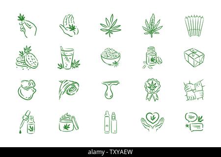 Vektor handgezeichnete Abbildung von medizinischem Cannabis Symbole auf weißem Hintergrund Stock Vektor