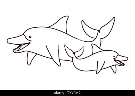 Zwei Dolphin zusammen schwimmen Symbol in Schwarz und Weiß Stock Vektor