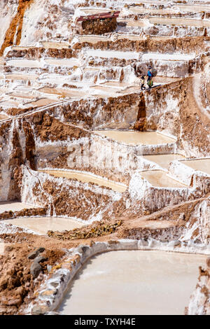 Salineras de Maras/Maras Salzminen. Die Salzgewinnung in Maras Salinen, Terrassen und Teichen, Peru Sacred Valley. Stockfoto