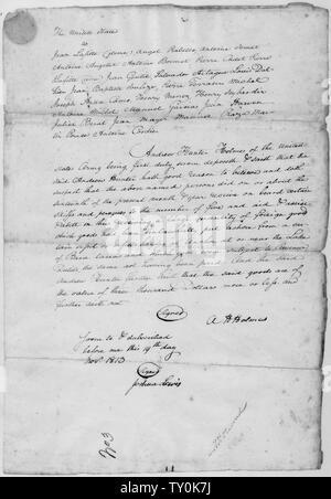 Abscheidung von Andrew Hunter Holmes eingereicht bei United States v. Jean Lafitte; Allgemeine Hinweise: Dieses Dokument ist auch auf Mikrofilm Veröffentlichung M1082 gefunden. Stockfoto