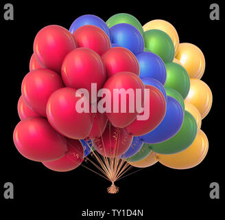 Geburtstag Luftballons rot blau grün gelb Bündel. Party Dekoration bunte Feier Symbol. 3D-Illustration, isoliert auf Schwarz Stockfoto