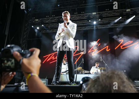 Zagreb, Kroatien - 24. Juni, 2019: Die schwedische Gruppe die Hives am 14. INmusic Festival am See Jarun in Zagreb, Kroatien führt. Stockfoto