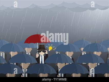 Business Mann schaut durch ein Fernglas im Regen erwischt, die Ideen haben. Vector Illustration Vision, Problemlösung, leadershship Konzept. Stock Vektor