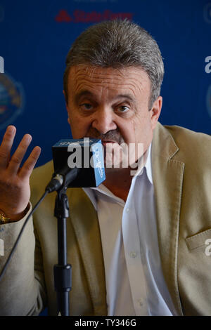 Schwindler' General Manager Ned Colletti nimmt an einer Pressekonferenz zur Ankündigung der Los Angeles Dodgers Erwerb von All-Stars Adrian Gonzalez und Carl Crawford, World Series MVP pitcher Josh Beckett und infielder Nick Punto und Bargeld von den Red Sox, während einer Pressekonferenz in der Dodgers Stadion in Los Angeles am 25 August, 2012. Die Schwindler nehmen mehr als 260 Mio. $ in der Lohn- und Gehaltsliste Kosten aus der Sox, nach verschiedenen veröffentlichten Berichten. UPI/Jim Ruymen Stockfoto