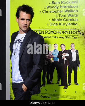 Irische Schauspieler Colin Farrell, der Mitglied in der motion picture'S Verbrechen Komödie auch Psychopathen", die Premiere des Films im Bruin Theater im Westwood Abschnitt von Los Angeles am 1. Oktober 2012 besucht. UPI/Jim Ruymen Stockfoto