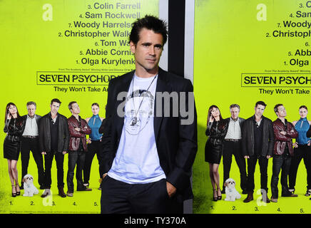 Irische Schauspieler Colin Farrell, der Mitglied in der motion picture'S Verbrechen Komödie auch Psychopathen", die Premiere des Films im Bruin Theater im Westwood Abschnitt von Los Angeles am 1. Oktober 2012 besucht. UPI/Jim Ruymen Stockfoto